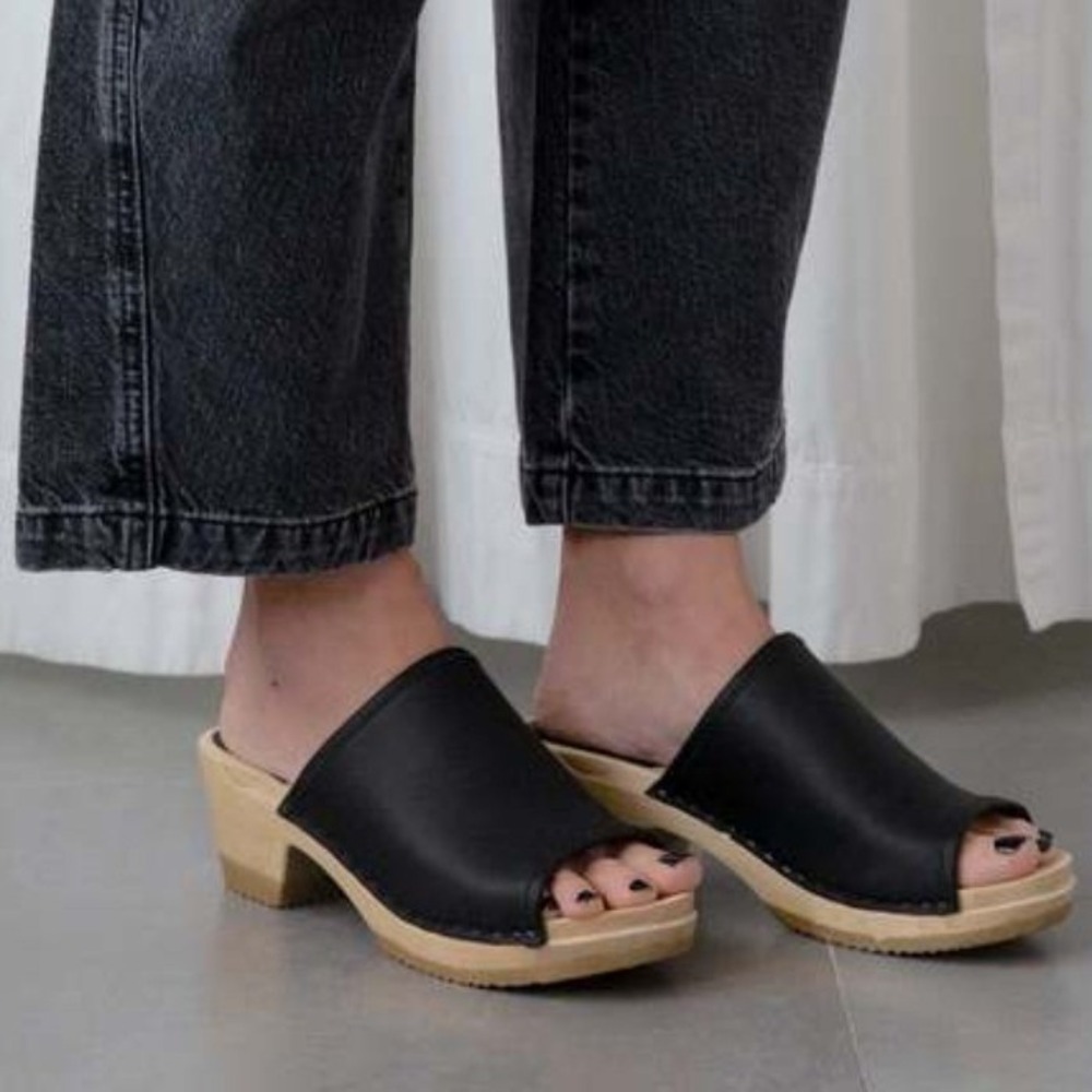 No.6 Daria Clog Black Leather Open Toe Wood Heel Slide Sandals sz 37 Garmentory